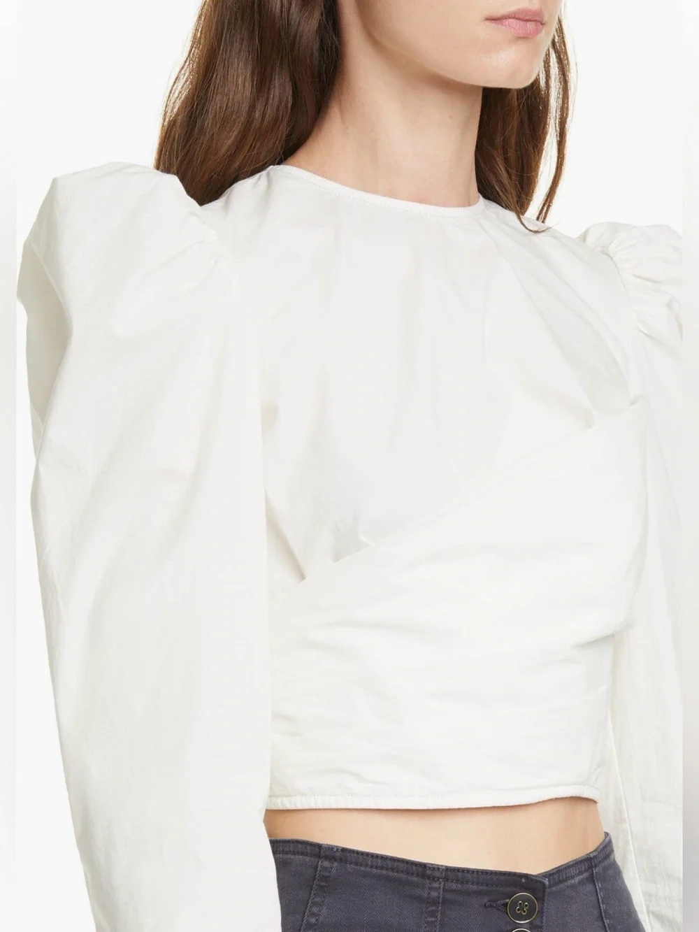 Ulla Johnson Eden Wrap Back Cutout Cream Puff Sleeve Ruched Cropped Top Size 0